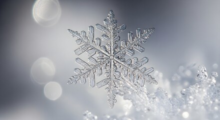 Close-up of a beautiful, intricate snowflake macro shot against a soft bokeh background.