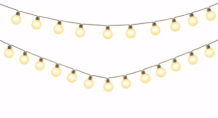 Two strings of warm white globe string lights isolated on white background