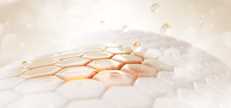 3d dry skin cells with redness and gold oil drops. Epidermis layer with red damaged spot, floating yellow fluid bubbles. Moisture, treatment of acne, rosacea, couperose or dermatitis. 3D illustration