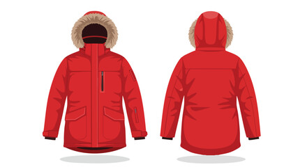 Detailed vector illustration showcasing a red winter parka jacket with fur hood design, front and back view, isolated on a clean white backdrop