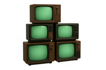 Stacked old television sets with blank green screens, depicting obsolete media technology and broadcasting history with empty content