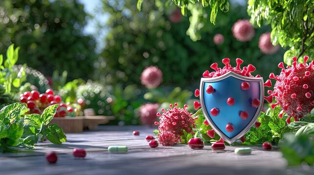 Colorful Illustration of a Shield Protecting Against Viruses in a Lush Green Environment