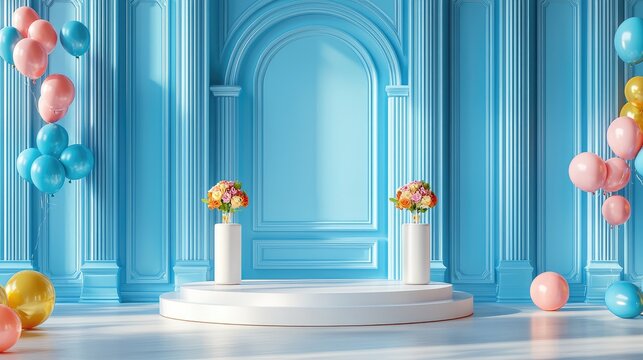 Elegant pastel backdrop with balloons and floral arrangements for celebrations or events in a modern setting - Powered by Adobe