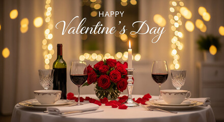 Romantic Valentine's Day dinner setting with red wine, roses, and candlelight in a cozy atmosphere with bokeh lights.