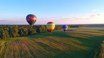Obraz premium Colorful Hot Air Balloons Floating Over Lush Green Landscape at Sunset with Clear Blue Sky