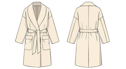 Beige wrap coat technical sketch illustration featuring front and back views for fashion design visualization