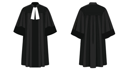 Academic or Legal Attire: Front and Back View of Traditional Black Robe with White Collar Detailing professional dress for formal education or court