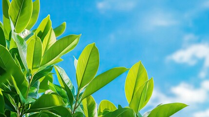 Obraz premium Vibrant Green Leaves Against a Clear Blue Sky with Fluffy White Clouds in a Bright Daylight Setting