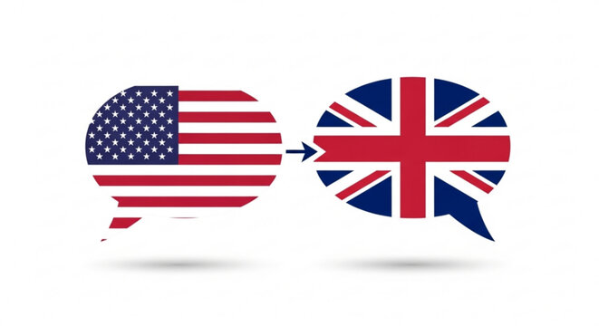 Translation concept showing american english to british english with united states and united kingdom flags created with generated ai