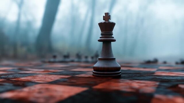 Chess king piece on board in misty forest setting strategic game concept