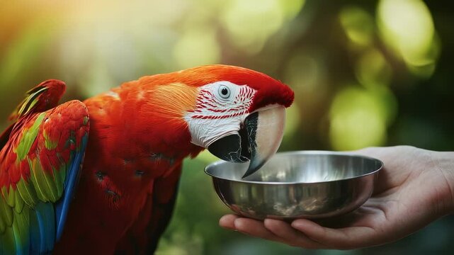 Close-up of a scarlet macaw drinking from a bowl held in a person's hand in lush jungle background
