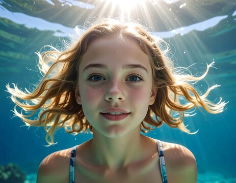 Portrait of a smiling girl swimming underwater with sun rays shining - Powered by Adobe
