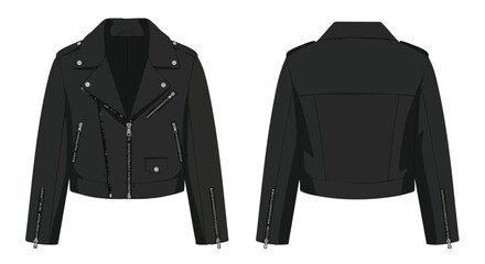 Fashionable Black Leather Jacket Render Depicting Front and Back View for Apparel Design and Style Representation