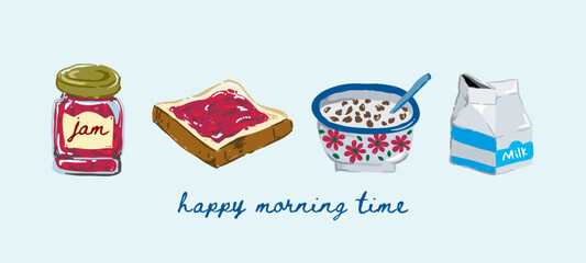 Essential breakfast food items in Hand-drawn style, happy morning time for a Relaxing day illustration, milk, cereal bowl, bread slice and jam jar