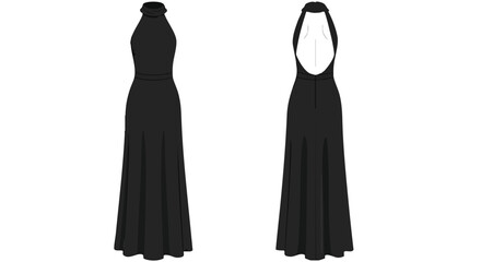 Elegant black halter gown showcase, presenting front and rear views for high fashion design and style inspiration, showcasing couture dresses for