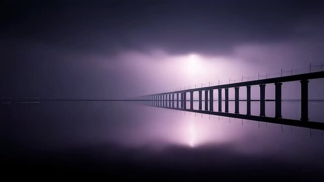 Spectacular Nighttime Thunderstorm over Highway Bridge