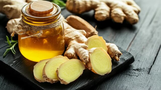 Close up shot of fresh ginger root and oil on a dark wooden board, perfect for wellness promotion