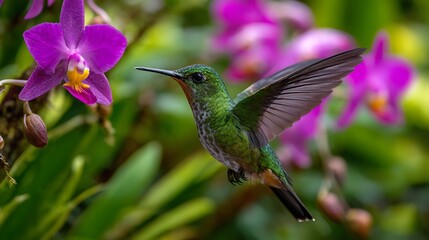 Naklejka premium Green hummingbird in flight near purple orchids with blurred background in a natural setting outdoors