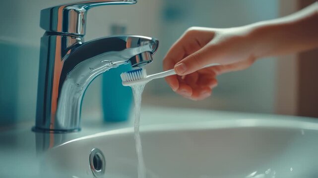 Close-up of Hand Holding Toothbrush Under Running Water in Bathroom Sink, Daily Routine