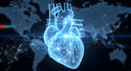 Digital Human Heart on Global Map. Medical Technology, Healthcare Innovation, and Data Science Concept.