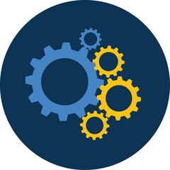 Blue and yellow gears interlocking on dark blue circular background cogwheels machinery