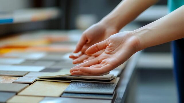 Close up of hands selecting flooring samples in a showroom, renovation project planning, and house