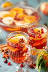 Homemade hot alcohol cranberry orange apple cider punch with cinnamon sticks, anise star and spices. Thanksgiving drink