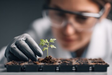 Scientist Nurturing Young Plant in Lab