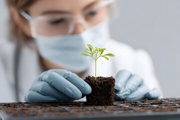 Scientist Nurturing a Young Plant Sprout in a Lab Setting