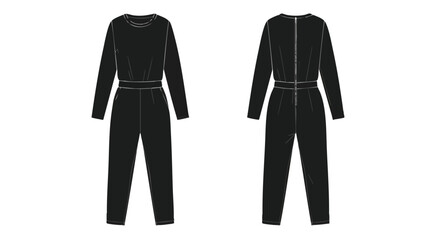 Technical drawing of a black jumpsuit, front and back views, showcasing design and construction details for apparel design and fashion catalog