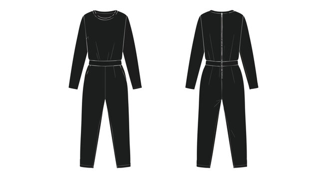 Technical drawing of a black jumpsuit, front and back views, showcasing design and construction details for apparel design and fashion catalog