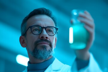 Focused Male Scientist Examining Glowing Liquid in Futuristic Lab