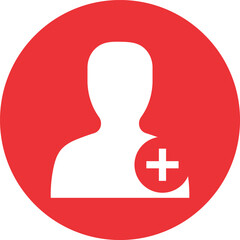 Red circle icon with white silhouette of person and plus sign vector