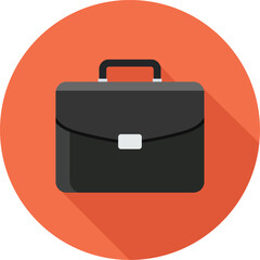 Flat design black briefcase icon with long shadow on orange circle business work