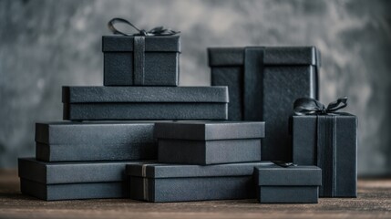 Pile of black gift boxes in various sizes stacked together, festive concept