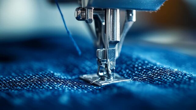 Close-up of a Sewing Machine in Action Stitching Blue Fabric with Precision and Care