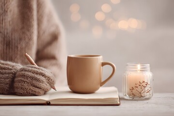 Cozy Evening: Journaling with a Warm Drink and Candlelight