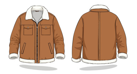 Illustration of a stylish brown jacket with fluffy white trim showcasing both front and back views for fashion design
