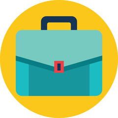 Fototapeta premium Teal briefcase with red clasp on yellow circle background luggage travel