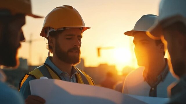 Construction Planning at Sunset: A group of construction workers, illuminated by the warm light of the setting sun, examine blueprints, planning their next phase with precision and dedication.