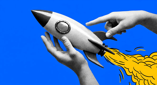 Dynamic hands launch a retro rocket blasting off with vibrant yellow exhaust against a bold blue sky, symbolizing innovation and ambition
