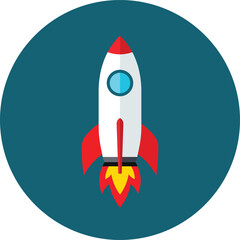 Red and white rocket ship with blue window blasting off spaceship space