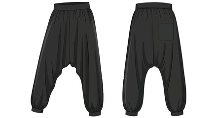 Conceptual illustration showcases black harem pants design with elastic waistband and minimalist pocket detail providing both front and back views