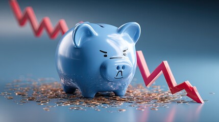 A blue piggy bank sits atop scattered coins, with a red downward trend graph behind it, symbolizing financial loss or economic decline.