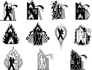 Firefighter vector illustration, emergency response, fire hose action, building rescue, silhouette style, flame control, heroic scene, safety gear, ladder, water spray