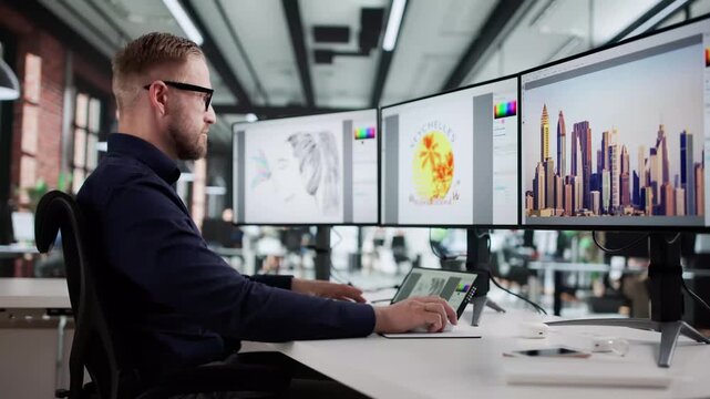 Visual Artist Creating Digital Artwork Using Design Software