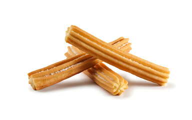 Three golden churros stacked on a white background