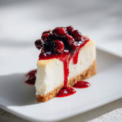 Creamy cheesecake slice topped with glossy berry compote and crumbs on plate, bright lighting highlighting smooth texture and color contrast.