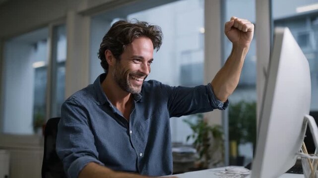 Workplace triumph: A man at his desk, filled with elation and success, punches the air, a visible testament to his victory. The image tells of success, ambition.