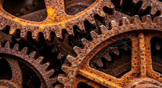Rusty gears create a vintage industrial art piece, showing the breakdown of metal, the passing of time and loss of mechanical functionality.